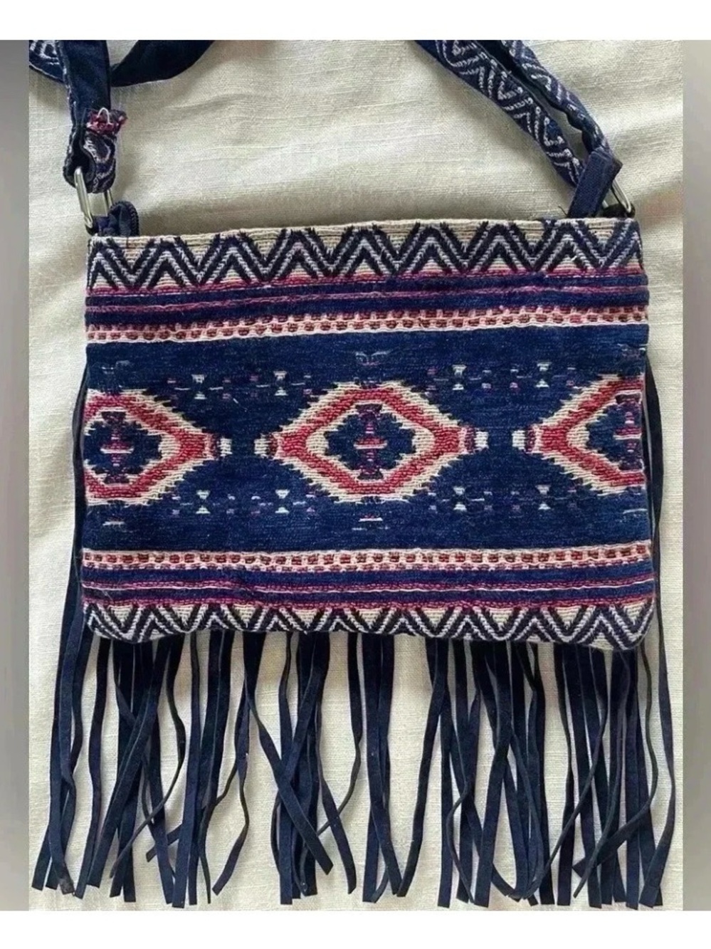 Raj Bags Vegan Leather Boho Fringe crossbody bag in Navy, cream, magenta